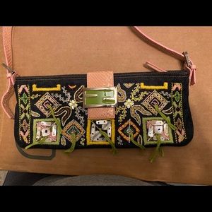 Authentic Fendi Denim Embroidered Baguette- Python cross body strap.